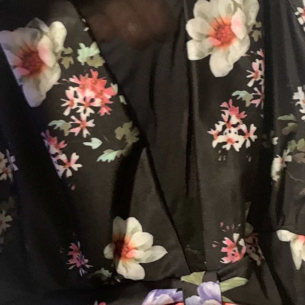 Swimsuit Women's Large black w floral design Mesh, waist tie halter neckline